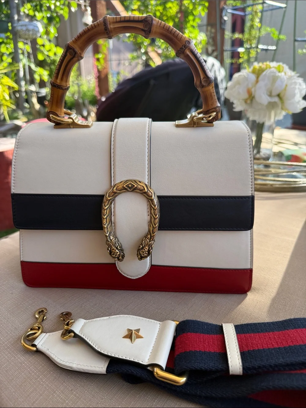 Gucci Bamboo-Handle Tricolor Top-Handle Bag - White, Navy & Red